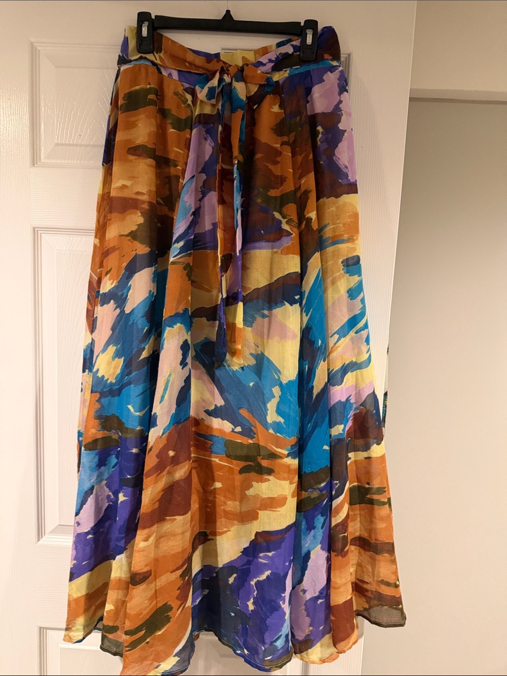 Abstract Multicolor Tie-Waist Maxi Skirt - Blue, Brown & Purple Large